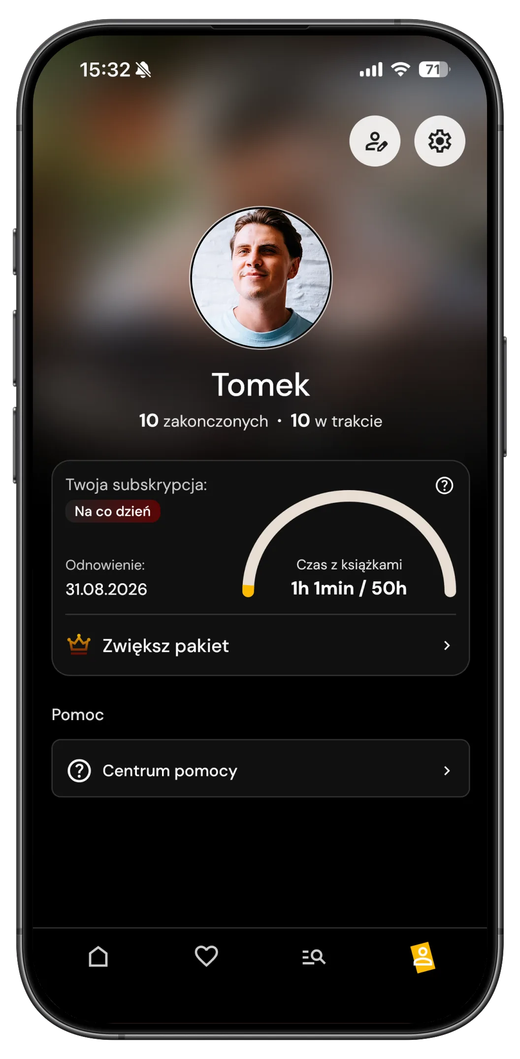 Profil użytkownika w aplikacji Novelist z podsumowaniem subskrypcji i czasu z książkami