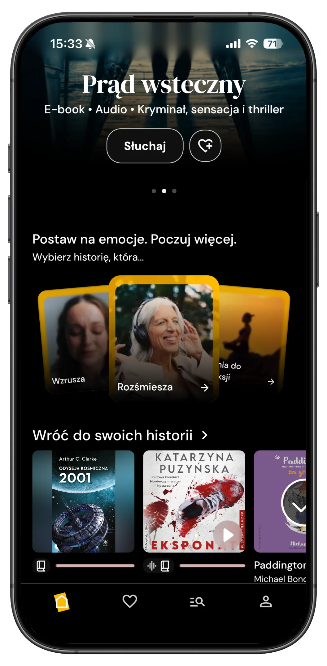 Ekran główny aplikacji Novelist z polecaną książką i wyborem historii według nastroju
