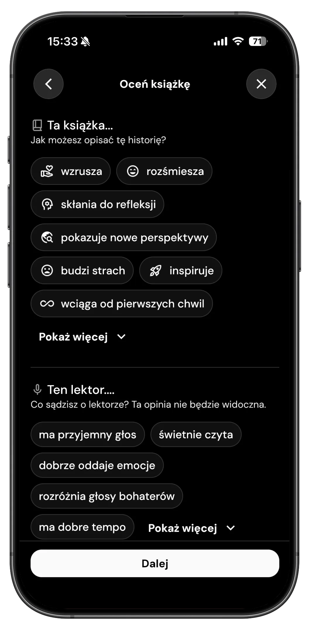 Ekran oceniania książki i lektora w aplikacji Novelist