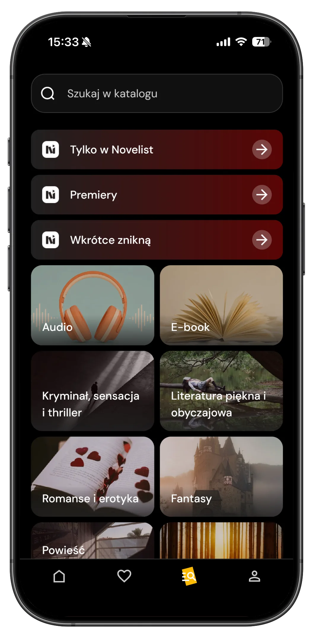 Katalog aplikacji Novelist z wyszukiwarką i kategoriami książek