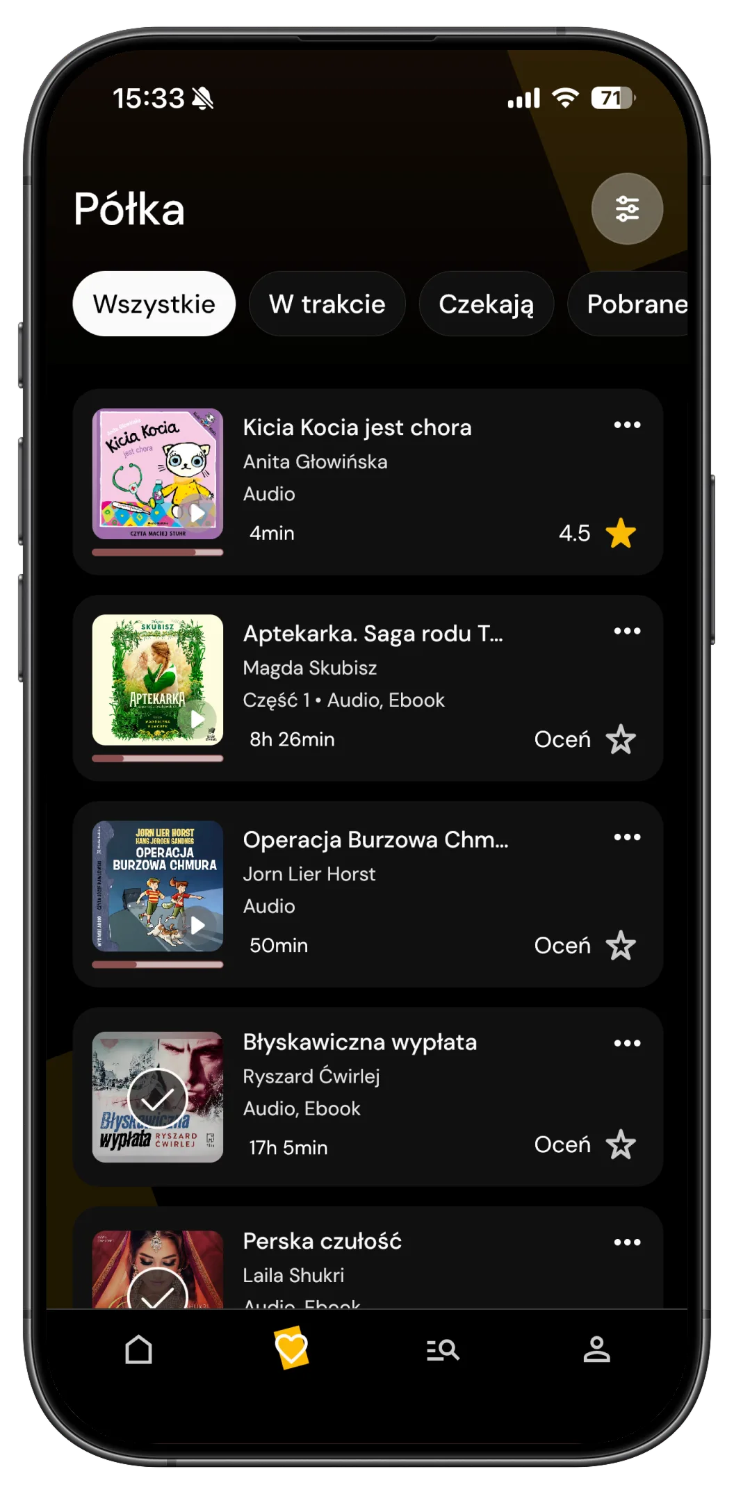 Półka użytkownika w aplikacji Novelist z listą czytanych i słuchanych książek