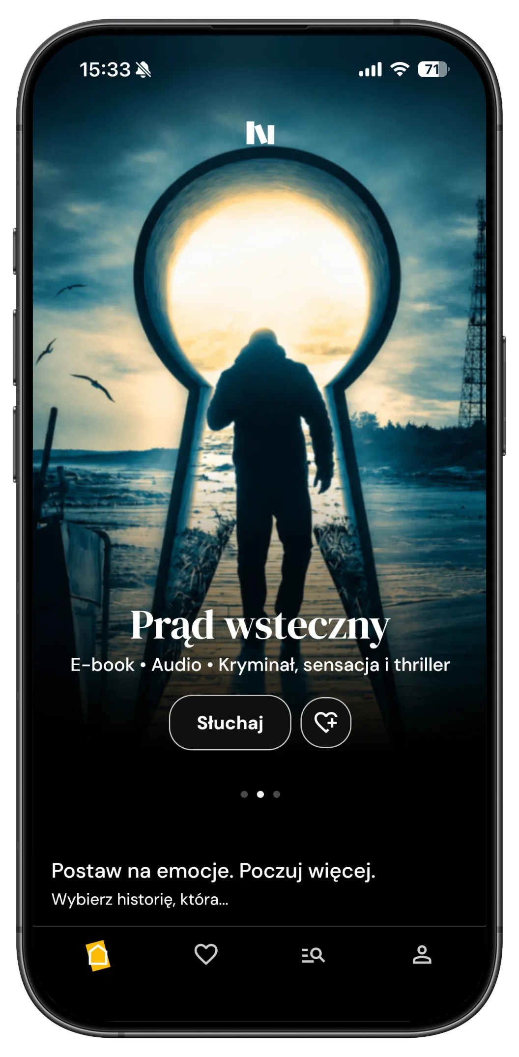 Ekran główny aplikacji Novelist z wyróżnioną książką „Prąd wsteczny”